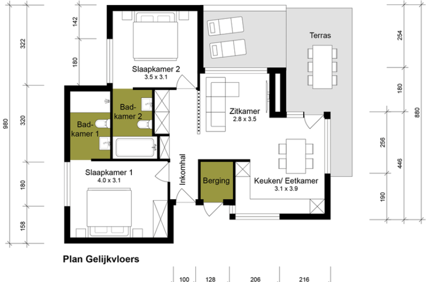 Gelijkvloerse vakantievilla voor vier op Landscape resort Bergerven & Grondplan type A - Limburg - 2HB